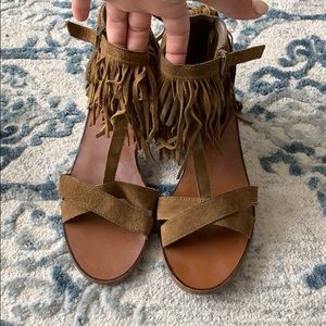 Brown suede fringe heeled sandals